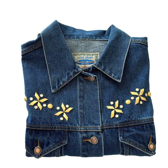 Boom Boom Denim Jacket Women Large/XL Blue Faux Diamond Stud Western Style Wear - Picture 2 of 9